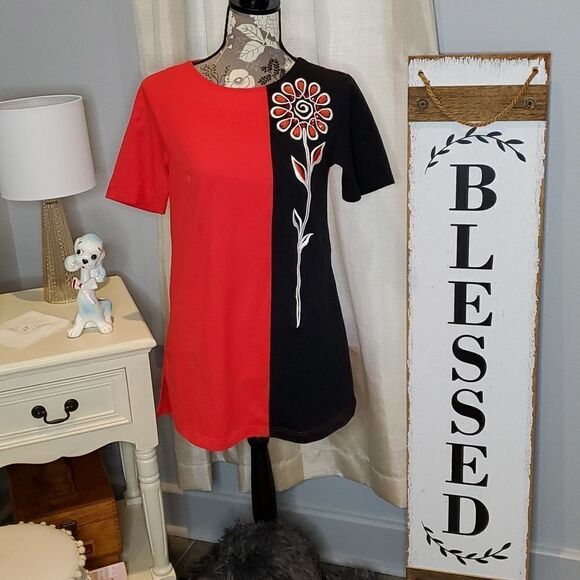 Bob Mackie Black & Red Colorblock Beaded Flower Blouse,  Sz XS - Picture 2 of 8